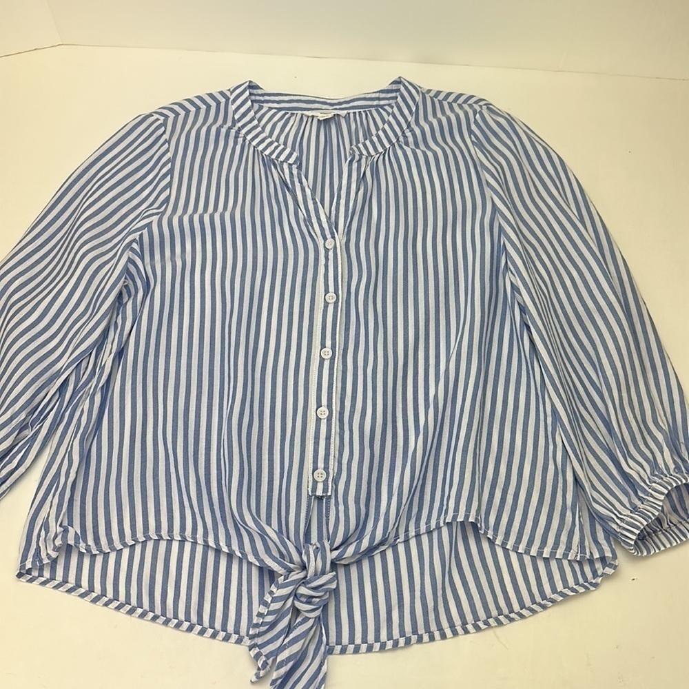 BeachLunchLounge‎ Tanji White Blue Striped Tie Front Top Medium Lyocell Blend - Picture 14 of 14